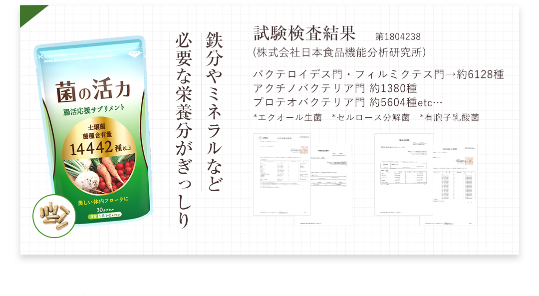 試験検査結果第1804238(株式会社日本食品機能分析研究所)鉄分やミネラルなど必要な栄養分がぎっしり
